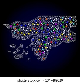 Polygonal vector map of Guinea-Bissau with glare effect on a black background. Abstract triangles, lines, light colored spots, dots forms map of Guinea-Bissau. White mesh,
