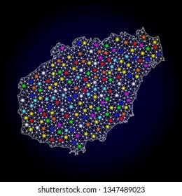 Polygonal vector map of Hainan Island with glare effect on a black background. Abstract triangles, lines, light colorful spots, points forms map of Hainan Island. White mesh,