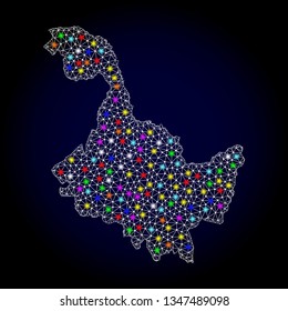Polygonal vector map of Heilongjiang Province with glow effect on a black background. Abstract triangles, lines, light colorful spots, nodes forms map of Heilongjiang Province. White mesh,