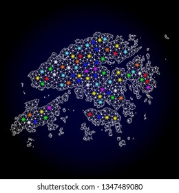Polygonal vector map of Hong Kong with glow effect on a black background. Abstract triangles, lines, light colorful spots, dots forms map of Hong Kong. White mesh,