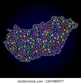 Polygonal vector map of Hungary with glare effect on a black background. Abstract triangles, lines, light colorful spots, dots forms map of Hungary. White mesh,