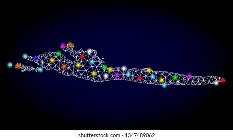 Polygonal vector map of Hvar Island with glare effect on a black background. Abstract triangles, lines, light colored spots, points forms map of Hvar Island. White mesh,
