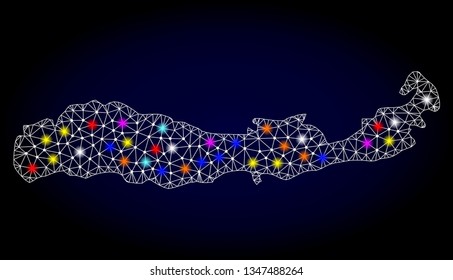 Polygonal vector map of Indonesia - Flores Island with glare effect on a black background. Abstract triangles, lines, light colorful spots, dots forms map of Indonesia - Flores Island. White mesh,