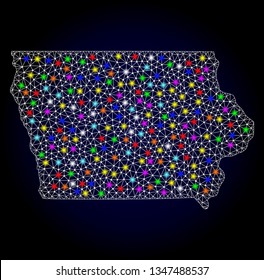 Polygonal vector map of Iowa State with glare effect on a black background. Abstract triangles, lines, light colored spots, points forms map of Iowa State. White mesh,