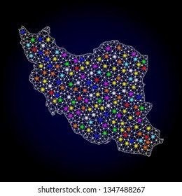 Polygonal vector map of Iran with glow effect on a black background. Abstract triangles, lines, light colored spots, nodes forms map of Iran. White mesh,
