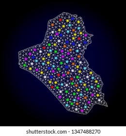 Polygonal vector map of Iraq with glare effect on a black background. Abstract triangles, lines, light colored spots, dots forms map of Iraq. White mesh,