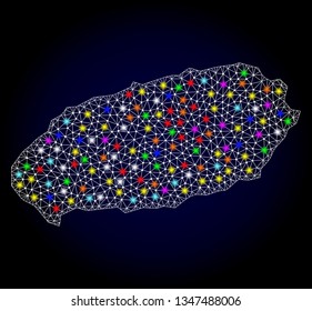 Polygonal vector map of Jeju Island with glow effect on a black background. Abstract triangles, lines, light colorful spots, dots forms map of Jeju Island. White mesh,