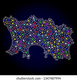 Polygonal vector map of Jersey Island with glow effect on a black background. Abstract triangles, lines, light colorful spots, dots forms map of Jersey Island. White mesh,