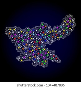 Polygonal vector map of Jharkhand State with glow effect on a black background. Abstract triangles, lines, light colored spots, points forms map of Jharkhand State. White mesh,