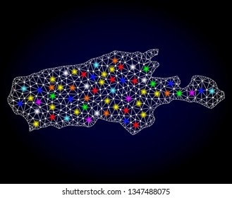 Polygonal vector map of Kangaroo Island with glare effect on a black background. Abstract triangles, lines, light colored spots, dots forms map of Kangaroo Island. White mesh,