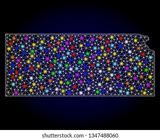 Polygonal vector map of Kansas State with glow effect on a black background. Abstract triangles, lines, light colorful spots, dots forms map of Kansas State. White mesh,