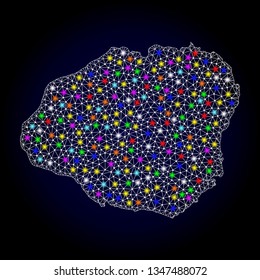 Polygonal vector map of Kauai Island with glow effect on a black background. Abstract triangles, lines, light colorful spots, points forms map of Kauai Island. White mesh,