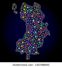 Polygonal vector map of Ko Tao with glow effect on a black background. Abstract triangles, lines, light colorful spots, points forms map of Ko Tao. White mesh,