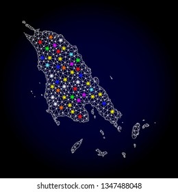 Polygonal vector map of Koh Chang with glare effect on a black background. Abstract triangles, lines, light colorful spots, points forms map of Koh Chang. White mesh,