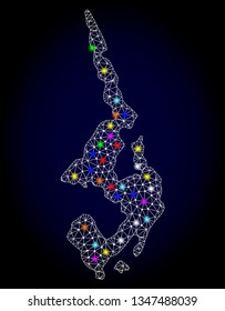 Polygonal vector map of Koh Phi Leh with glow effect on a black background. Abstract triangles, lines, light colored spots, dots forms map of Koh Phi Leh. White mesh,