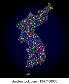 Polygonal vector map of Korea with glow effect on a black background. Abstract triangles, lines, light colored spots, dots forms map of Korea. White mesh,