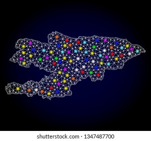 Polygonal vector map of Kyrgyzstan with glare effect on a black background. Abstract triangles, lines, light colorful spots, nodes forms map of Kyrgyzstan. White mesh,