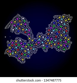 Polygonal vector map of Leningrad Region with glare effect on a black background. Abstract triangles, lines, light colorful spots, nodes forms map of Leningrad Region. White mesh,