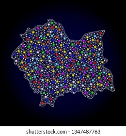 Polygonal vector map of Lesser Poland Province with glare effect on a black background. Abstract triangles, lines, light colorful spots, dots forms map of Lesser Poland Province. White mesh,