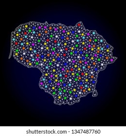 Polygonal vector map of Lithuania with glow effect on a black background. Abstract triangles, lines, light colorful spots, nodes forms map of Lithuania. White mesh,