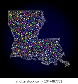 Polygonal vector map of Louisiana State with glare effect on a black background. Abstract triangles, lines, light colorful spots, nodes forms map of Louisiana State. White mesh,