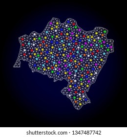 Polygonal vector map of Lower Silesia Province with glow effect on a black background. Abstract triangles, lines, light colorful spots, points forms map of Lower Silesia Province. White mesh,