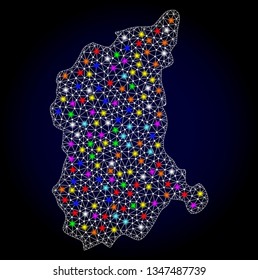 Polygonal vector map of Lubusz Province with glare effect on a black background. Abstract triangles, lines, light colorful spots, nodes forms map of Lubusz Province. White mesh,