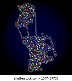 Polygonal vector map of Macau with glow effect on a black background. Abstract triangles, lines, light colored spots, points forms map of Macau. White mesh,