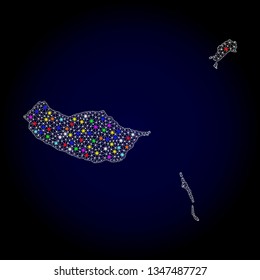 Polygonal vector map of Madeira Islands with glow effect on a black background. Abstract triangles, lines, light colorful spots, points forms map of Madeira Islands. White mesh,