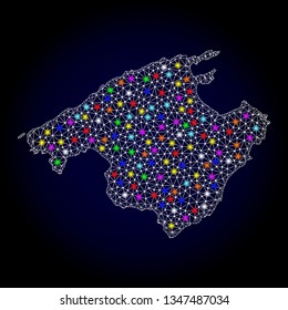 Polygonal vector map of Majorca with glow effect on a black background. Abstract triangles, lines, light colored spots, nodes forms map of Majorca. White mesh,