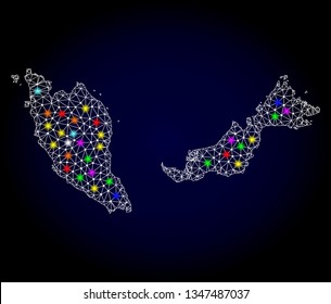 Polygonal vector map of Malaysia with glare effect on a black background. Abstract triangles, lines, light colored spots, dots forms map of Malaysia. White mesh,