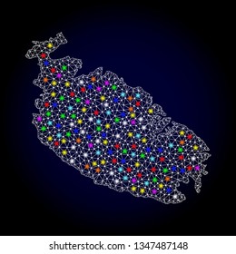 Polygonal vector map of Malta Island with glare effect on a black background. Abstract triangles, lines, light colored spots, points forms map of Malta Island. White mesh,