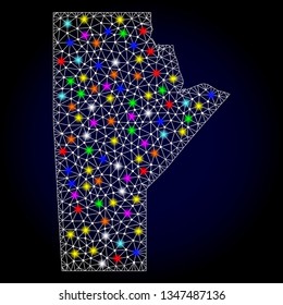 Polygonal vector map of Manitoba Province with glare effect on a black background. Abstract triangles, lines, light colorful spots, nodes forms map of Manitoba Province. White mesh,