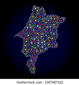 Polygonal vector map of Maranhao State with glow effect on a black background. Abstract triangles, lines, light colorful spots, points forms map of Maranhao State. White mesh,