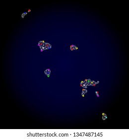 Polygonal vector map of Marquesas Islands with glow effect on a black background. Abstract triangles, lines, light colorful spots, nodes forms map of Marquesas Islands. White mesh,