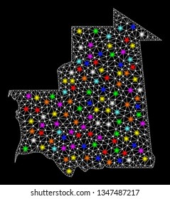 Polygonal vector map of Mauritania with glare effect on a black background. Abstract triangles, lines, light colorful spots, dots forms map of Mauritania. White mesh,
