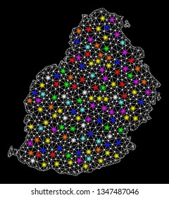 Polygonal vector map of Mauritius Island with glow effect on a black background. Abstract triangles, lines, light colored spots, dots forms map of Mauritius Island. White mesh,