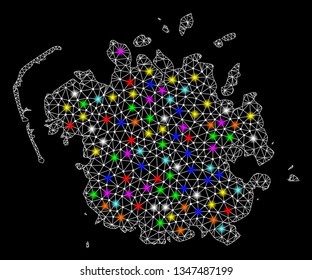 Polygonal vector map of Micronesia island with glow effect on a black background. Abstract triangles, lines, light colorful spots, nodes forms map of Micronesia island. White mesh,