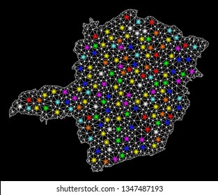 Polygonal vector map of Minas Gerais State with glow effect on a black background. Abstract triangles, lines, light colorful spots, dots forms map of Minas Gerais State. White mesh,