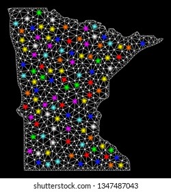 Polygonal vector map of Minnesota State with glare effect on a black background. Abstract triangles, lines, light colored spots, nodes forms map of Minnesota State. White mesh,