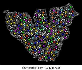 Polygonal vector map of Moorea Island with glare effect on a black background. Abstract triangles, lines, light colorful spots, dots forms map of Moorea Island. White mesh,