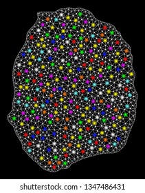 Polygonal vector map of Nevis Island with glare effect on a black background. Abstract triangles, lines, light colorful spots, dots forms map of Nevis Island. White mesh,