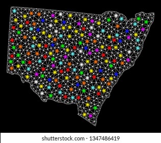Polygonal vector map of New South Wales with glow effect on a black background. Abstract triangles, lines, light colored spots, dots forms map of New South Wales. White mesh,