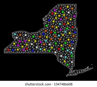 Polygonal vector map of New York State with glare effect on a black background. Abstract triangles, lines, light colorful spots, dots forms map of New York State. White mesh,