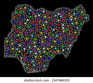 Polygonal vector map of Nigeria with glow effect on a black background. Abstract triangles, lines, light colored spots, nodes forms map of Nigeria. White mesh,
