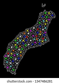 Polygonal vector map of Niihau Island with glare effect on a black background. Abstract triangles, lines, light colored spots, dots forms map of Niihau Island. White mesh,