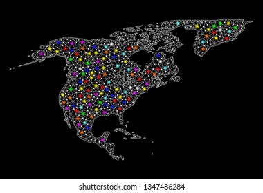 Polygonal vector map of North America and Greenland with glow effect on a black background. Abstract triangles, lines, light colored spots, points forms map of North America and Greenland. White mesh,