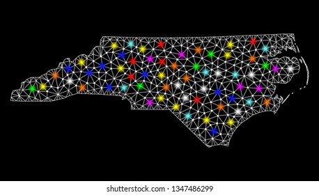 Polygonal vector map of North Carolina State with glare effect on a black background. Abstract triangles, lines, light colorful spots, points forms map of North Carolina State. White mesh,