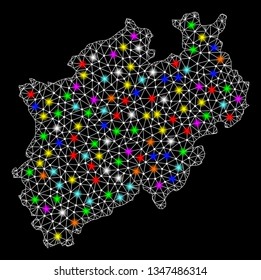 Polygonal vector map of North Rhine-Westphalia State with glare effect on a black background. Abstract triangles, lines, light colorful spots, points forms map of North Rhine-Westphalia State.