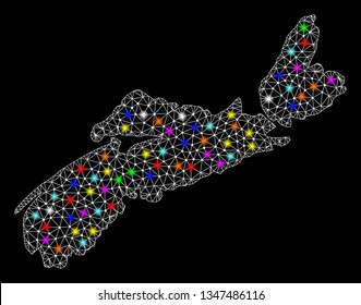 Polygonal vector map of Nova Scotia Province with glow effect on a black background. Abstract triangles, lines, light colored spots, nodes forms map of Nova Scotia Province. White mesh,